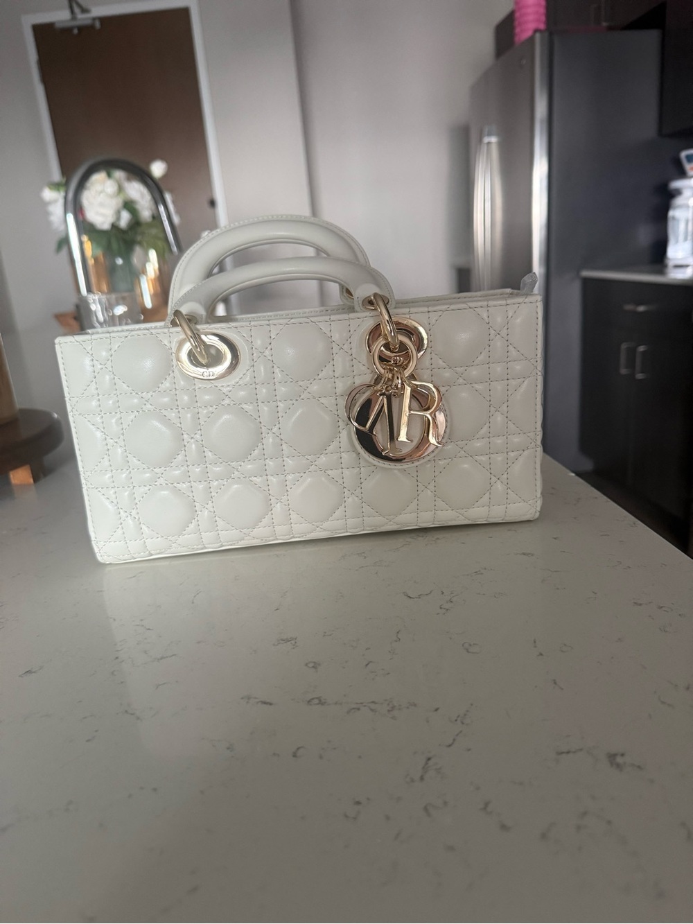 Dior White Quilted Mini Top-Handle Bag with Gold Hardware